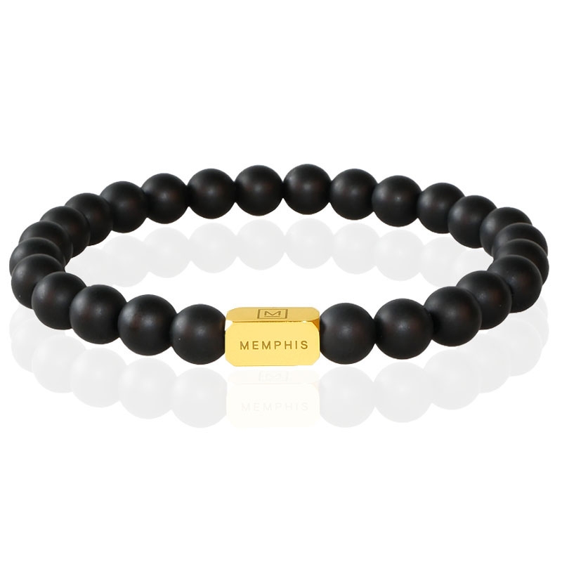 Memphis Kralen Armband Matzwarte Agaat Edelstaal Kraal Goudkleurig-21cm 1 Memphis Kralen Armband Matzwarte Agaat Edelstaal Kraal Goudkleurig-21cm