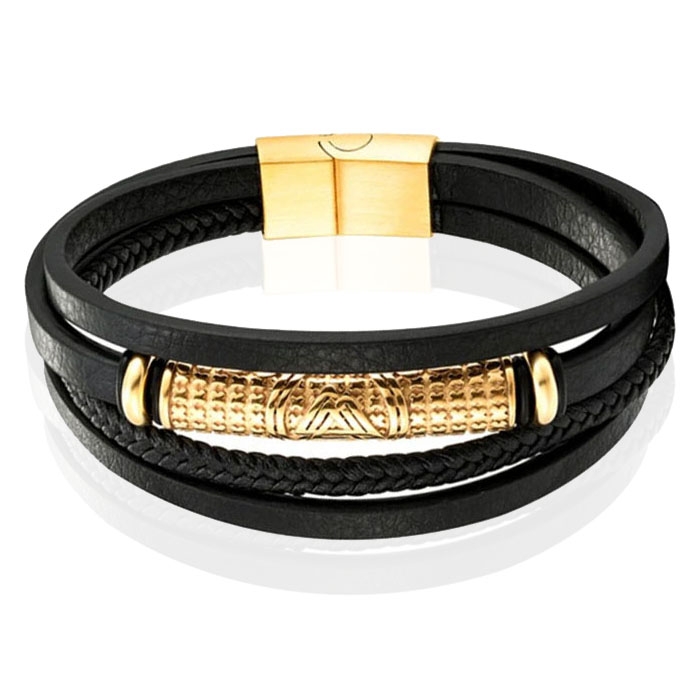 Mendes Jewelry Heren Armband - Stijlvol Zwart Leder met Goudaccenten-23cm 1 Mendes Jewelry Heren Armband - Stijlvol Zwart Leder met Goudaccenten-23cm