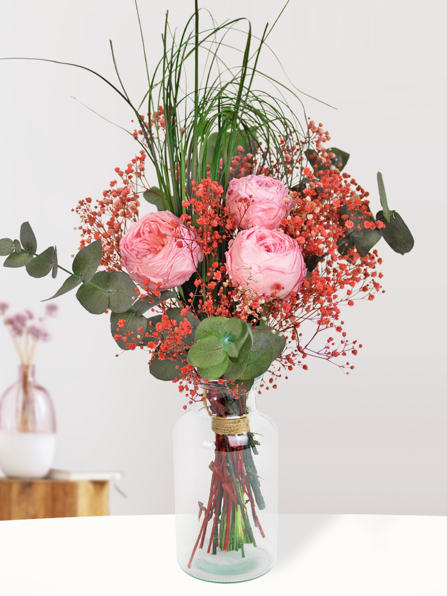Roze-rood long life boeket inclusief vaasje | 30 cm 1 Roze-rood long life boeket inclusief vaasje | 30 cm