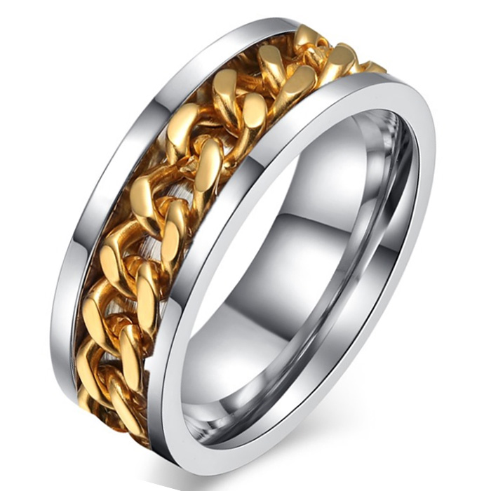 Stalen herenring met Cubaanse gouden ketting-17mm 1 Stalen herenring met Cubaanse gouden ketting-17mm