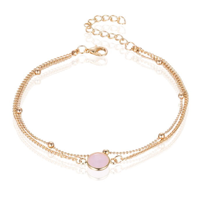 Twee Lagen Enkelband Goudkleurig - Roze Steen 1 Twee Lagen Enkelband Goudkleurig - Roze Steen
