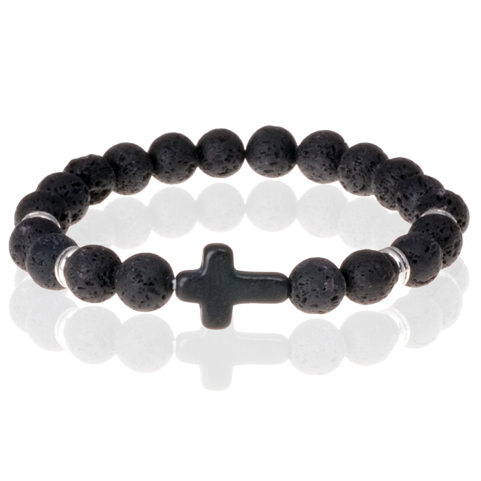 Zwarte kralen armband Lavasteen met Kruis 1 Zwarte kralen armband Lavasteen met Kruis