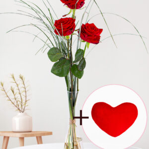 Drie rode rozen inclusief vaas en hartjes knuffel - Valentijnsdag