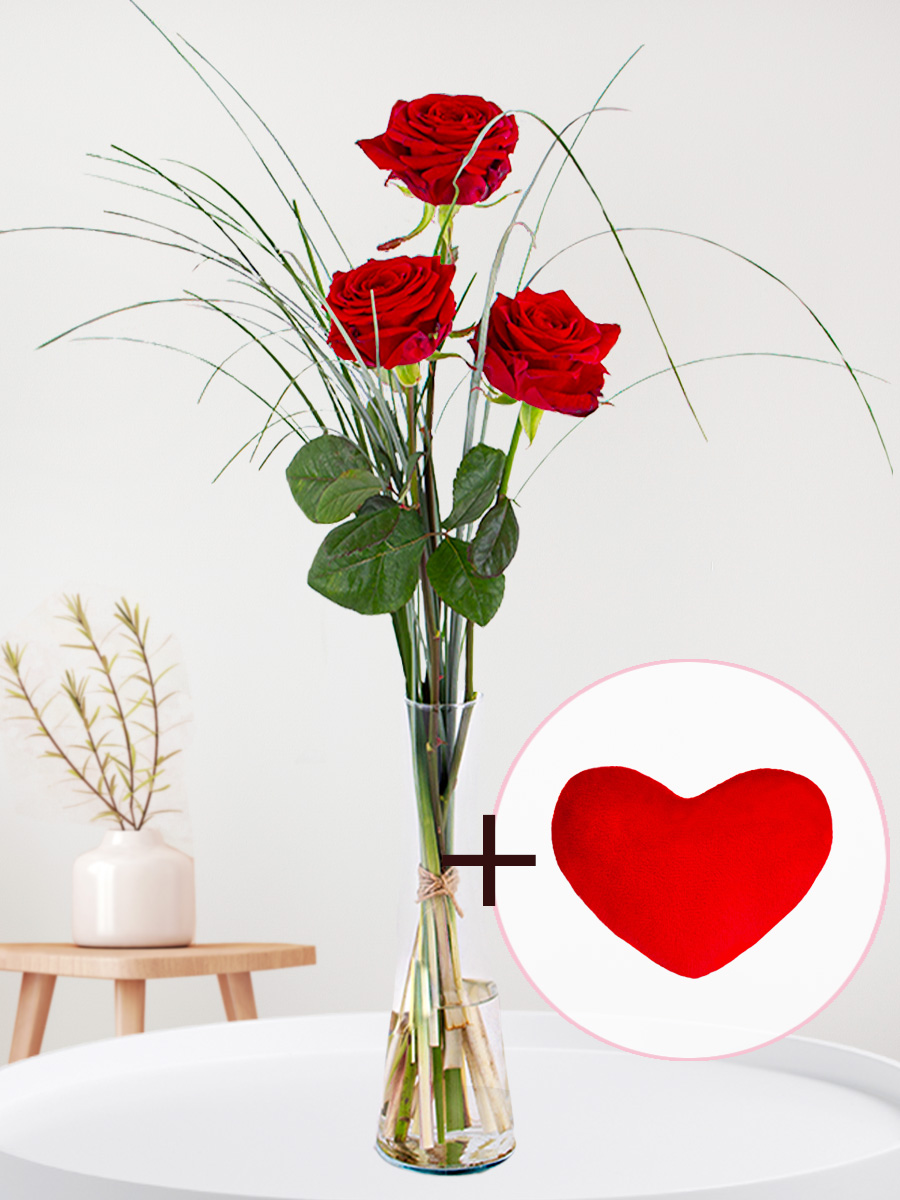 Drie rode rozen inclusief vaas en hartjes knuffel - Valentijnsdag 1 Drie rode rozen inclusief vaas en hartjes knuffel - Valentijnsdag