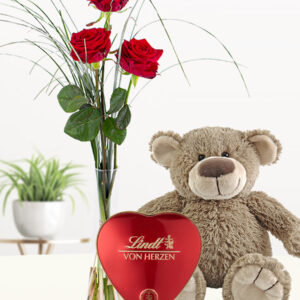 Drie rode rozen inclusief vaas, Lindt hart en teddybeer 27 cm - Valentijnsdag