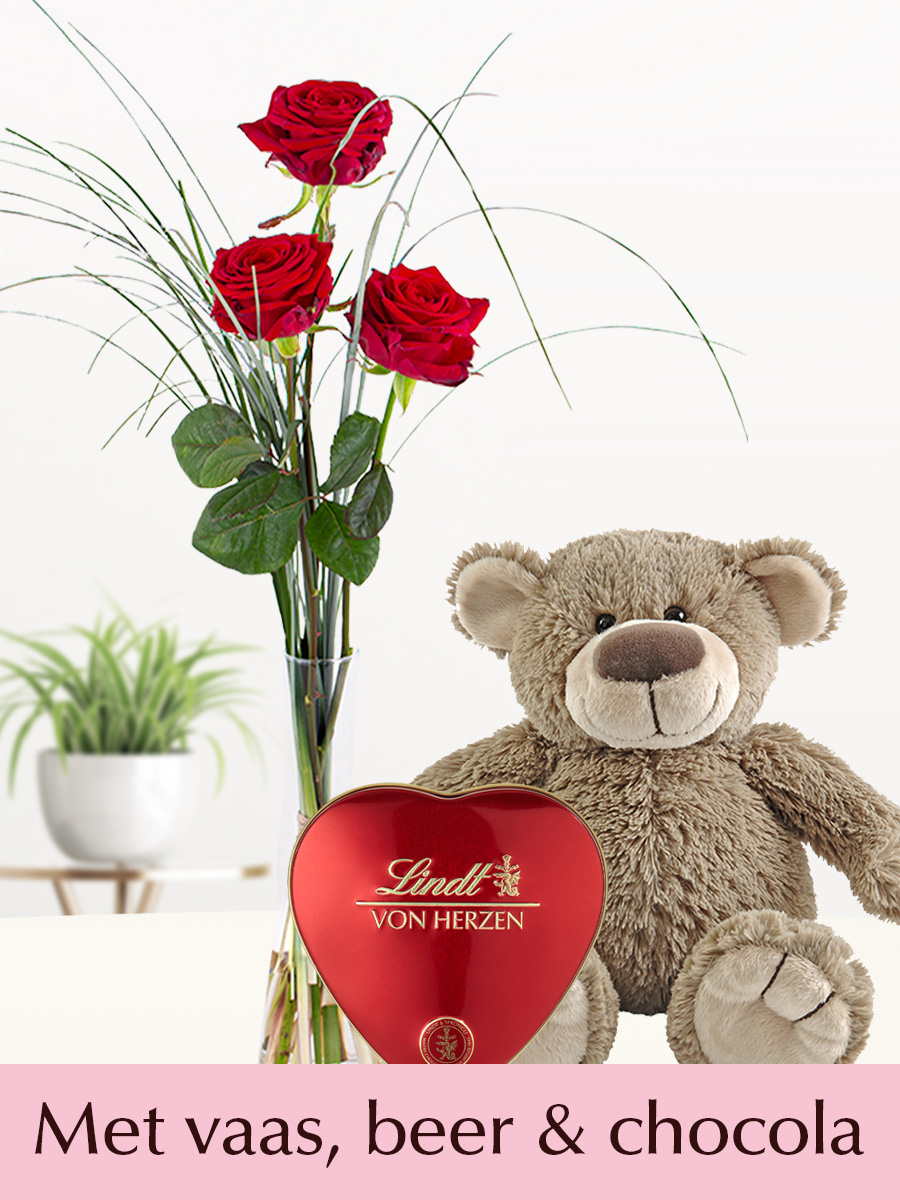 Drie rode rozen inclusief vaas, Lindt hart en teddybeer 27 cm - Valentijnsdag 1 Drie rode rozen inclusief vaas, Lindt hart en teddybeer 27 cm - Valentijnsdag