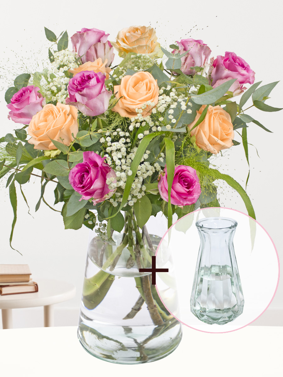 Gemengd rozenboeket roze-zalm + gratis glasvaas Evita 1 Gemengd rozenboeket roze-zalm + gratis glasvaas Evita