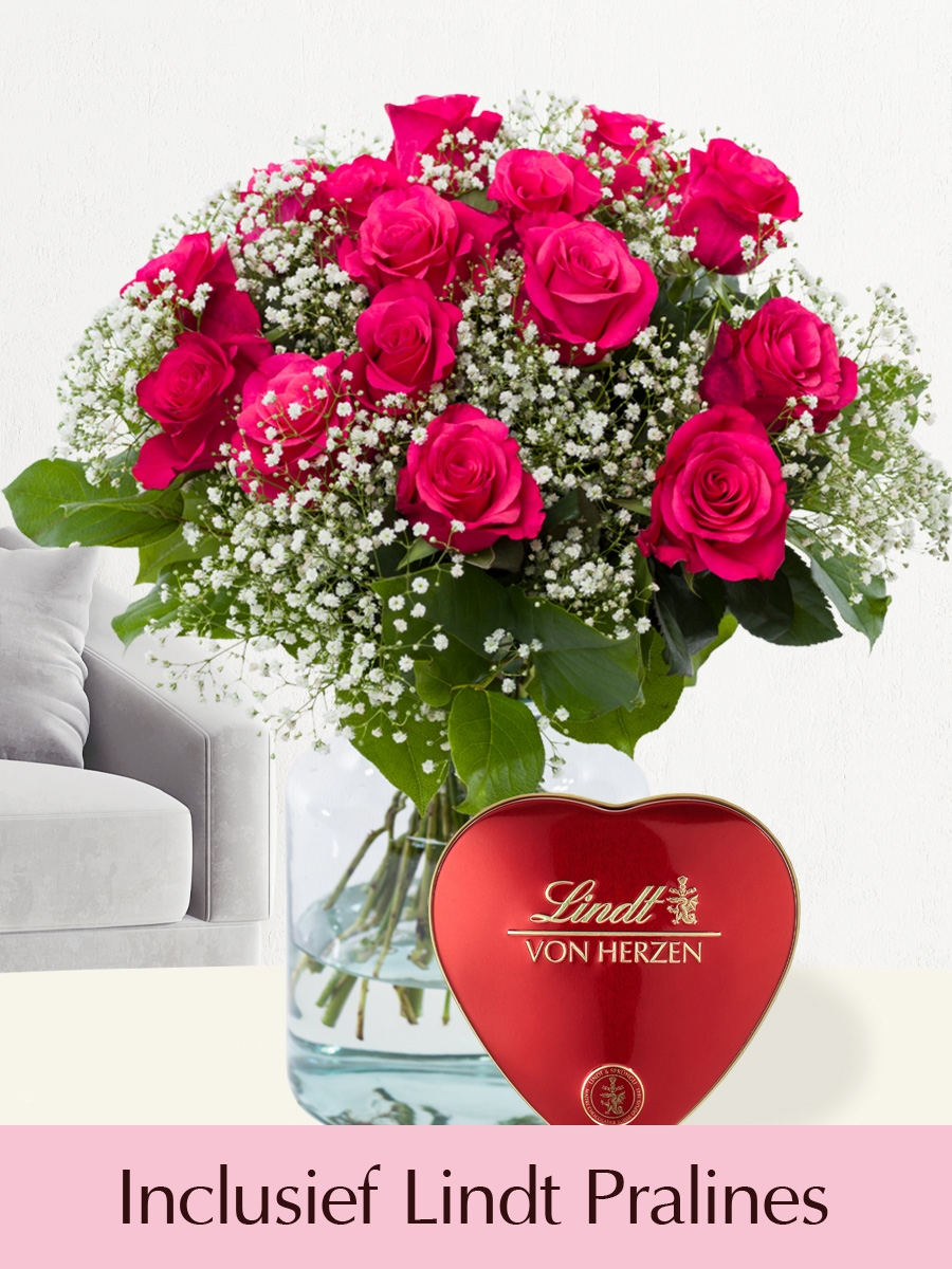 15 roze Tacazzi rozen met gipskruid + Lindt hart 1 15 roze Tacazzi rozen met gipskruid + Lindt hart