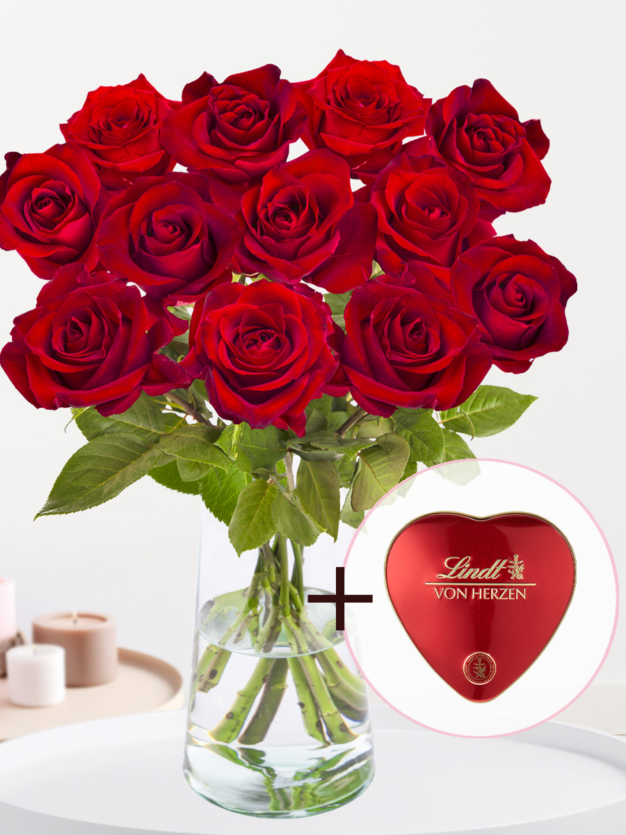 Valentijnsboeket - 12 rode rozen EverRed - Incl Lindt hart 1 Valentijnsboeket - 12 rode rozen EverRed - Incl Lindt hart