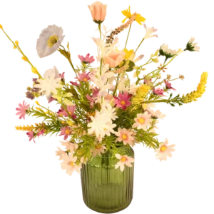 Kunstbloemen veldboeket inclusief glazen vaas