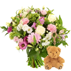 Boeket wit - roze + knuffel sleutelhanger