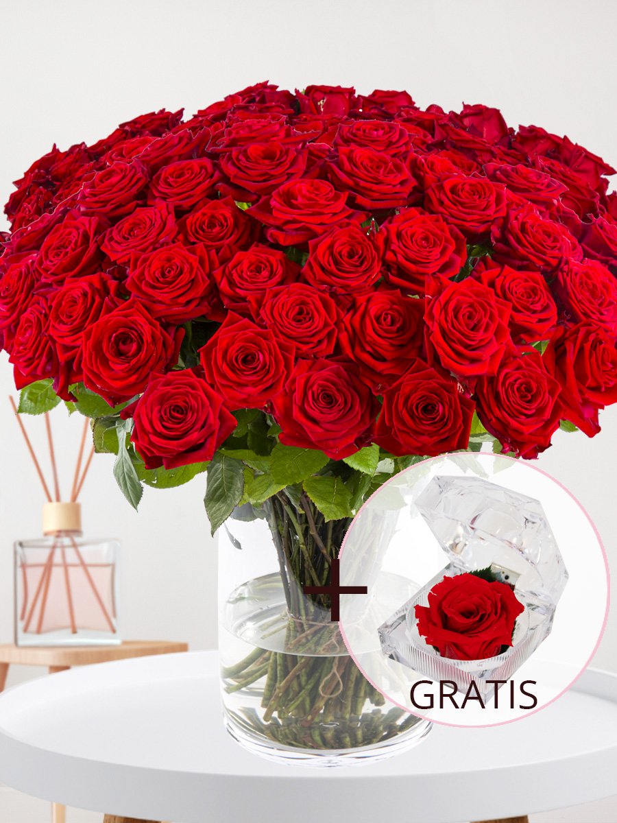 100 rode rozen - XL rozen - Red Naomi + Eeuwige roos voor Valentijnsdag 1 100 rode rozen - XL rozen - Red Naomi + Eeuwige roos voor Valentijnsdag