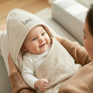 Omslagdoek baby met naam - Wafel & Fleece - Beige