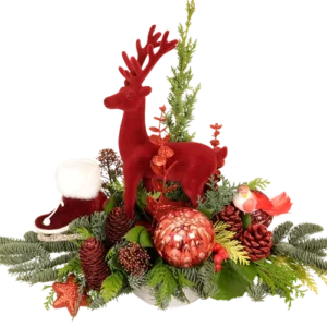 Kerststuk rood hert L 57cm X B 32cm X H 45cm