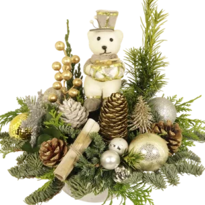 Kerststuk beer met trommel wit zilver goud