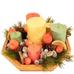 Kerstplateau met 6 dikke kaarsen