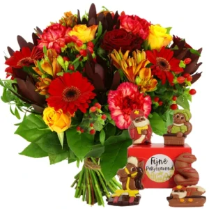 Boeket warm rood -oranje + sinterklaas chocolade