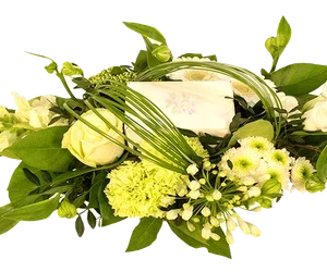 Bloemstuk ovaal wit + bloemetjes chocolade