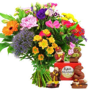 Boeket bonte bloemen + sinterklaas chocolade