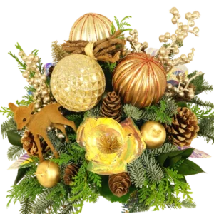 Kerststuk goud brons met parelmoer rozen