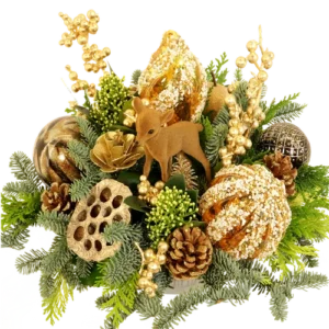 Kerststuk goud brons met besprinkelende kerstballen