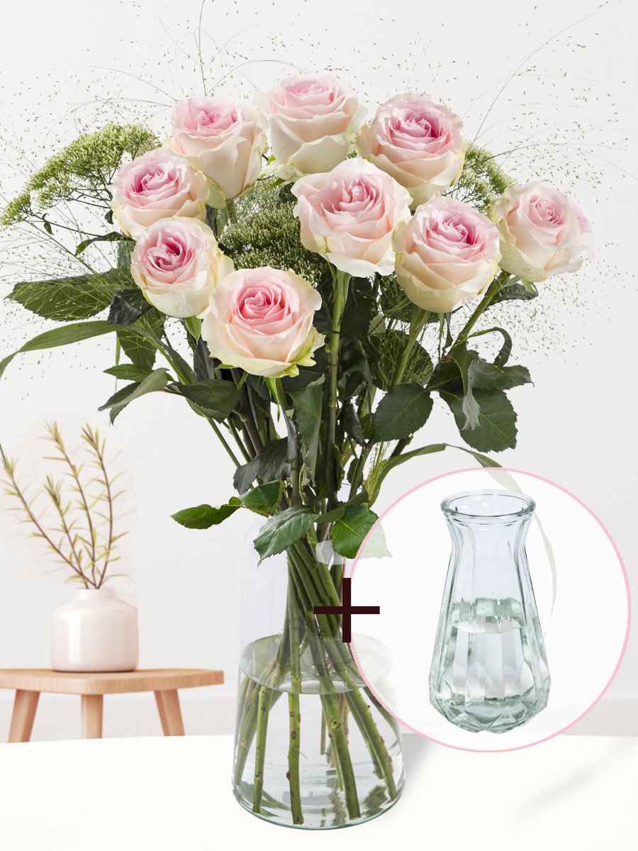 Geboorteboeket roze + gratis glasvaas Evita 1 Geboorteboeket roze + gratis glasvaas Evita