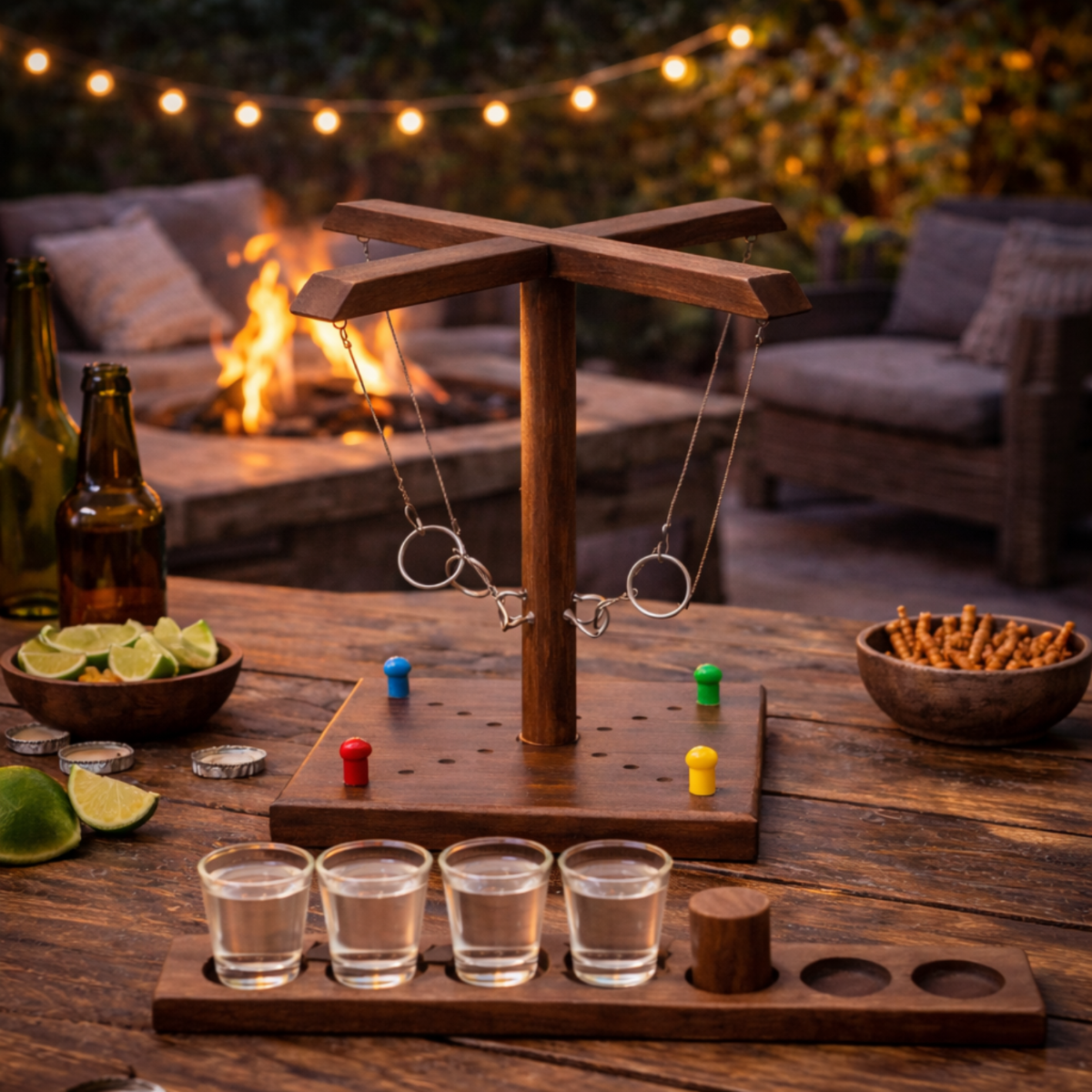 Houten Ring Toss Drinking Game - 32,5 cm - 4 Shotglaasjes 1 Houten Ring Toss Drinking Game - 32,5 cm - 4 Shotglaasjes