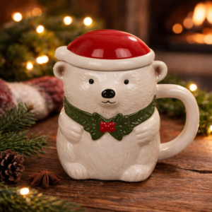 IJsbeer Mok - Kerstmuts Deksel - 380 ml - Keramiek
